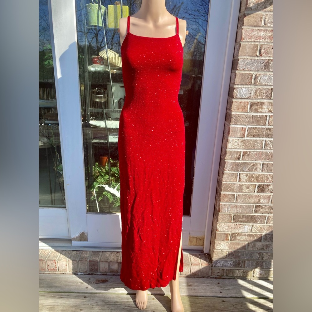Vintage 1997 Rare Bright Red Glittery/Sparkly Goth Vamp Bodycon Prom Dress